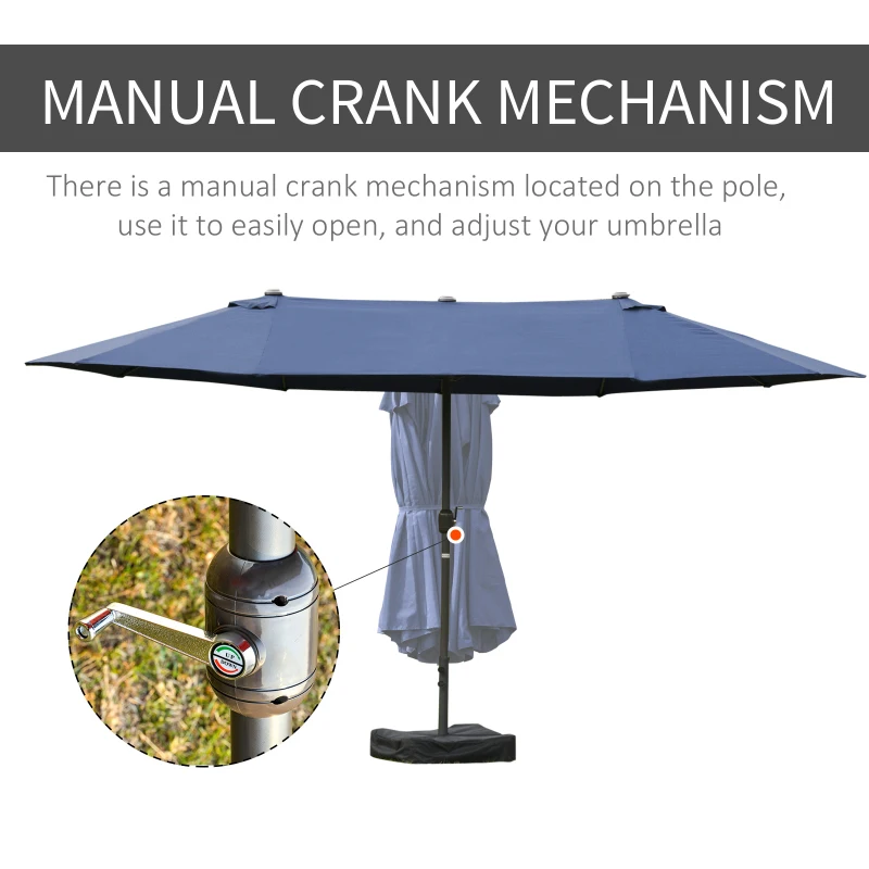 Outsunny 15' Outdoor Patio Umbrella with Twin Canopy Sunshade Steel Table Umbrella w/ Lift Crank, Cross base, Sandbag, Dark Blue