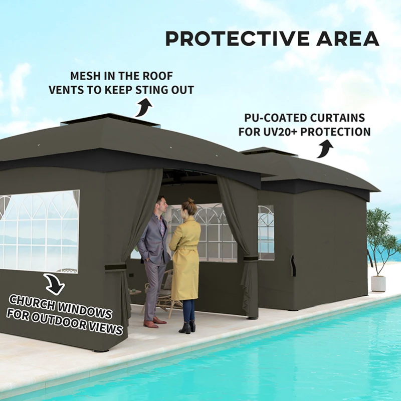 Outsunny 11' x 11' Outdoor Gazebo, Double Roof Patio Gazebo with Curtains, Church Windows, Galvanized Steel Frame, Dark Gray