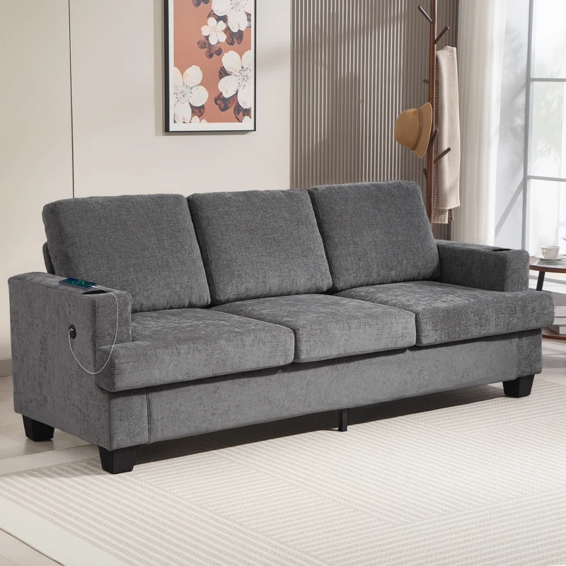 HOMCOM 3 Seater Sofa with USB Ports & Cup Holders, Chenille-Feel Upholstered Couch for Living Room, Grey