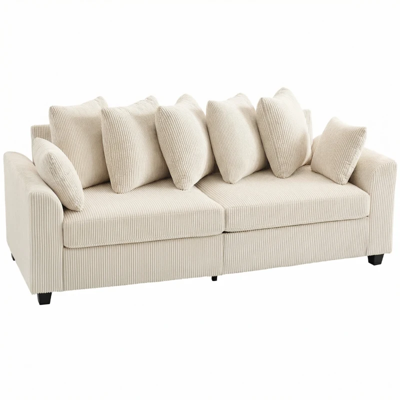 HOMCOM Corduroy Couch, 3 Seater Sofa, Modern Upholstered Couch with Curved Armrests and 8 Removable Pillows, Beige