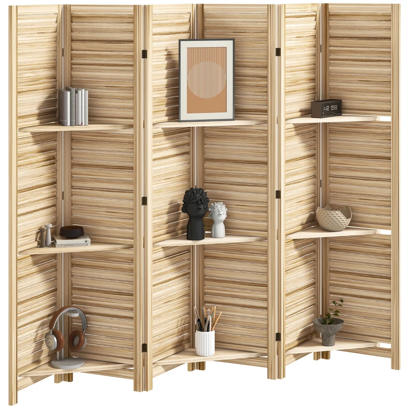 HOMCOM 6 Panel 67" Tall Wood Privacy Screen Room Divider with 3 Shelves and Folding Storage for Bedroom, Natural Wood