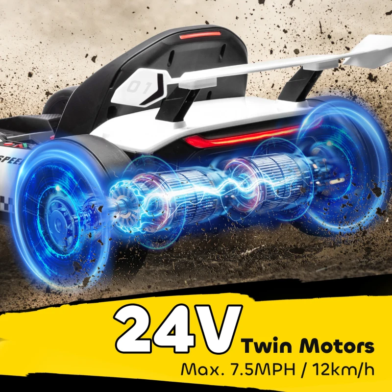 Aosom 24V Electric Go Kart, Battery Powered Kids Drift Kart with Adjustable Seat, Seat Belt, Horn, Music, Light, White