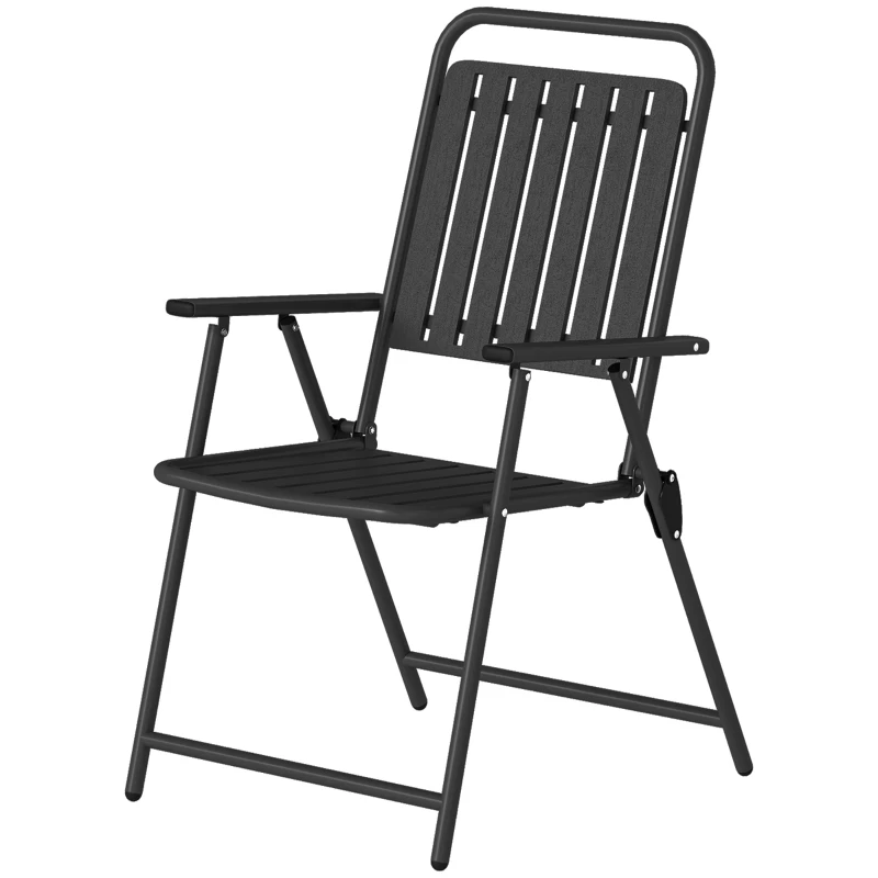Outsunny Folding Garden Chairs, Garden Dining Chairs with Plastic Slatted Seat Back, Armrests, Steel Frame, Set of 4, Black