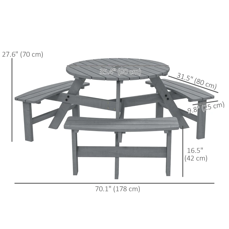 Outsunny 6 Person Round Picnic Table Bench Set with Umbrella Hole, Wood Patio Table with 3 Built-in Benches for Garden, Deck, Backyard, Grey