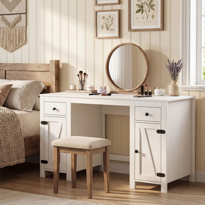 HOMCOM 53" Farmhouse Executive Desk, Computer Desk with Drawers and 2 Cabinets, Study Table for Home Office, White Wood Grain