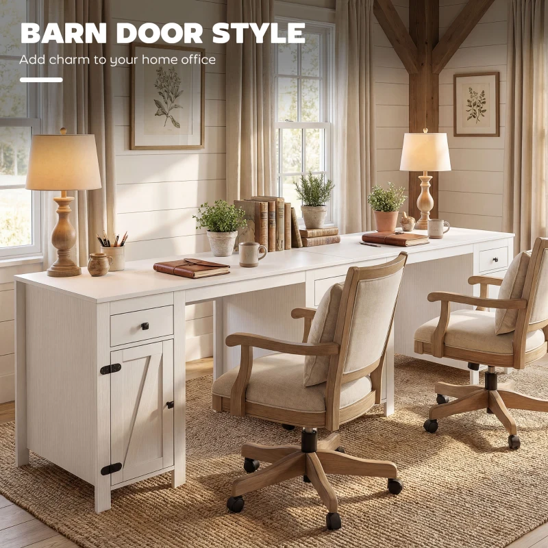 HOMCOM 53" Farmhouse Executive Desk, Computer Desk with Drawers and 2 Cabinets, Study Table for Home Office, White Wood Grain