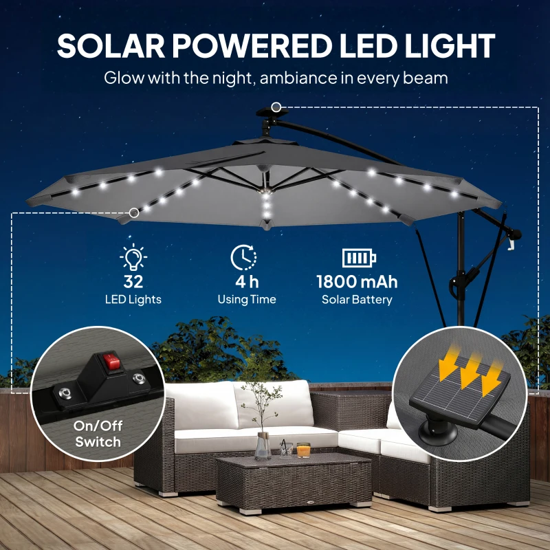 Outsunny 9.7ft Solar LED Cantilever Patio Umbrella with 32 LED Lights, Cross Base, Crank Handle, for Poolside, Deck, Dark Grey