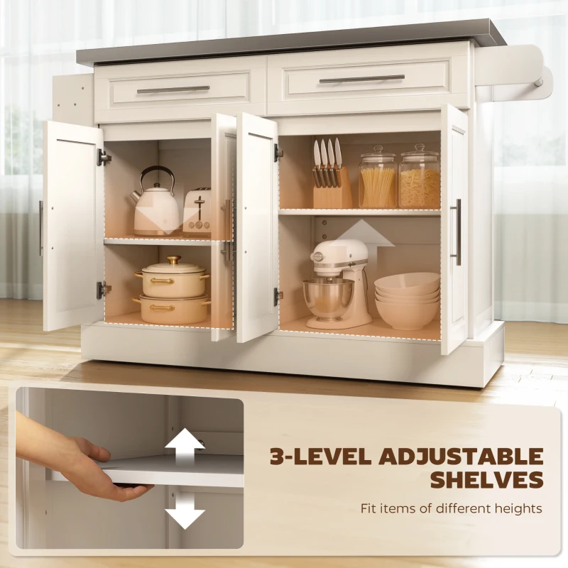 HOMCOM Rolling Kitchen Island with Stainless Steel Top, 2 Drawers, Spice, Knife and Towel Rack and Cabinets, Cream White