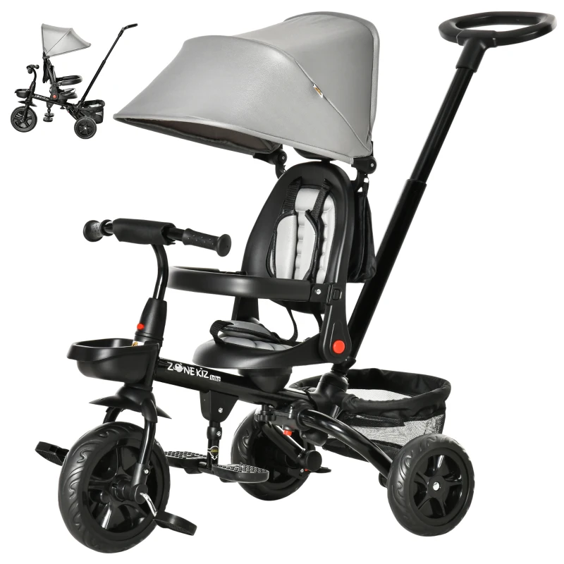 Qaba Tricycle for Toddler 4 in 1 Kids Trike with Reversible Adjustable Seat, Baby Push Bike with Removable Handle, Curved Canopy, Belt Storage Brake Clutch for 1-5 Years, Grey