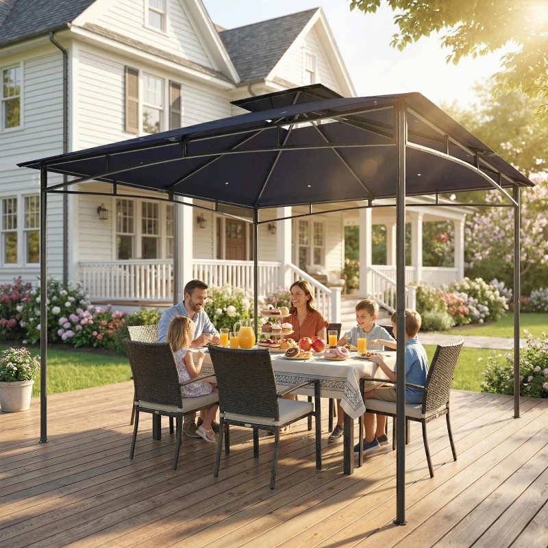 Outsunny 10' x 10' Gazebo, Soft Top Outdoor Gazebo with 2-Tier Roof, Metal Frame, Navy Blue