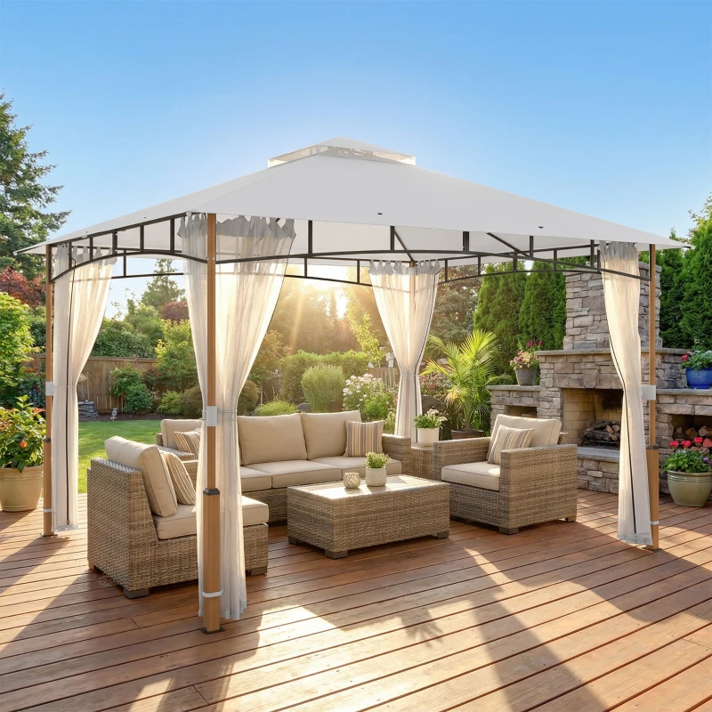 Outsunny 10' x 12' Patio Gazebo, UPF50+ Double Roof Outdoor Gazebo Canopy Shelter with Netting for Backyard, Patio, Cream White
