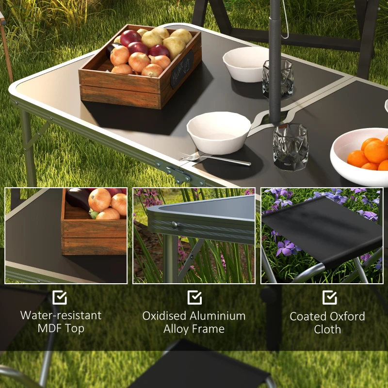 Outsunny Folding Picnic Table Camping Table and Chairs Use for BBQ Picnic Garden Parties 47.2" L x 23.6" W x 21.7" -27.6" H Black