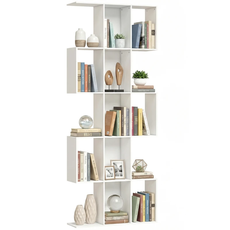 HOMCOM 5-Tier Bookshelf, S Shaped Geometric Bookcase with 15 Compartments, White Wood Grain