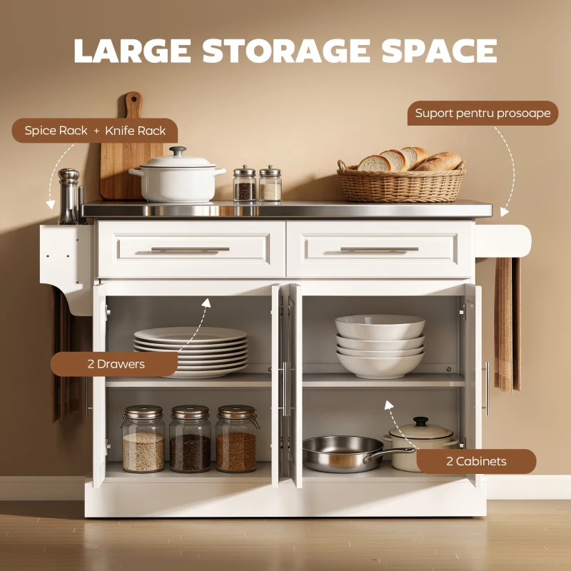 HOMCOM Rolling Kitchen Island with Storage and Stainless Steel Top, Kitchen Trolley with Drawers, Cabinets, Towel Rack