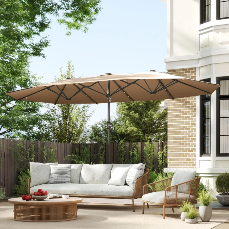 Outsunny 174" Double-Sided Sun Umbrella Garden Parasol Patio Sun Shade Outdoor with LED Solar Light, Khaki
