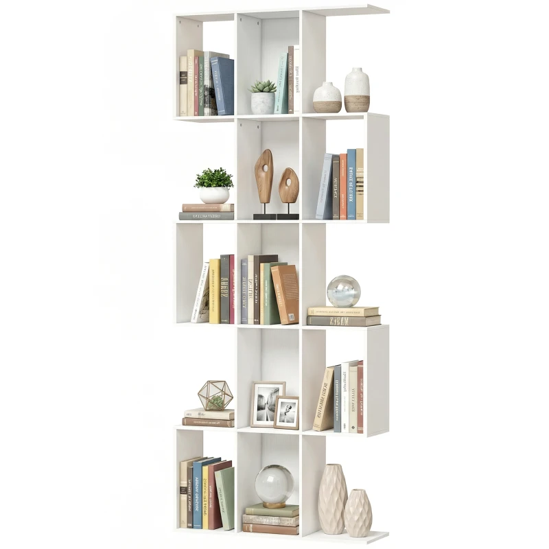 HOMCOM 5-Tier Bookshelf, S Shaped Geometric Bookcase with 15 Compartments, White Wood Grain