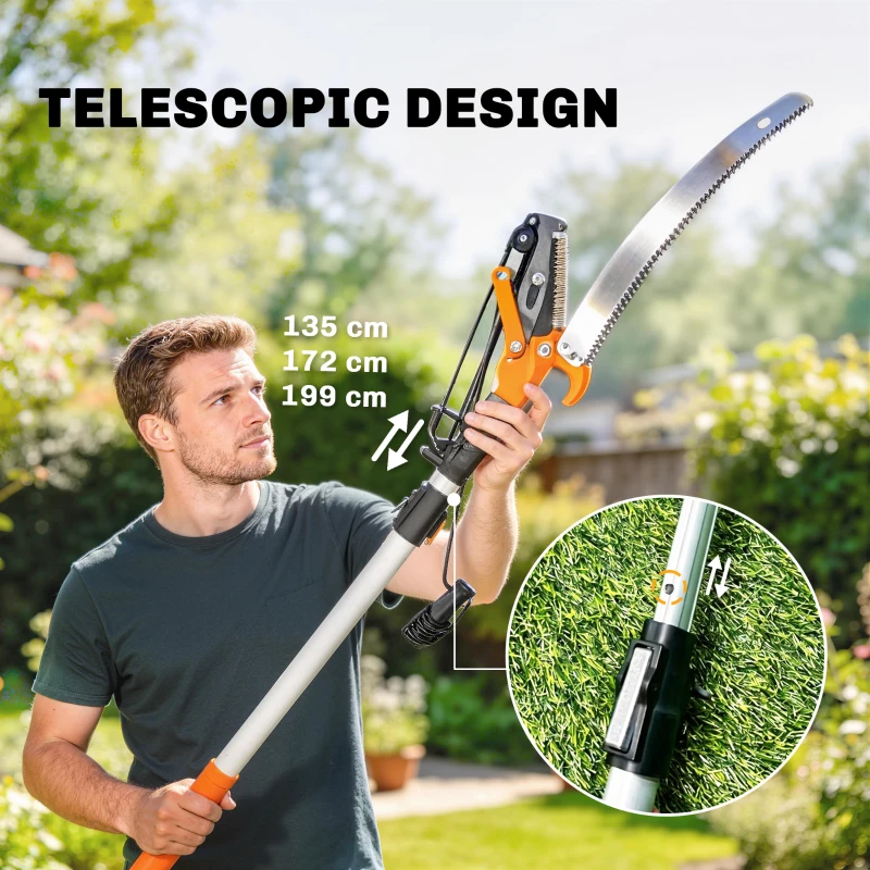 Outsunny 6.5ft 2-In-1 Manual Pole Saw for Tree Trimming, Aluminium Telescopic Long Reach Pole Pruner with Sharp 65Mn Steel Blade