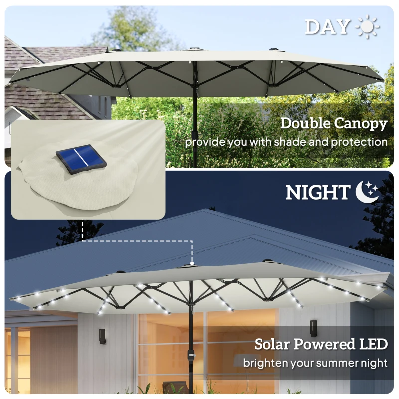 Outsunny 173" Double-Sided Sun Umbrella Garden Parasol Patio Sun Shade Outdoor with LED Solar Light, Cream White