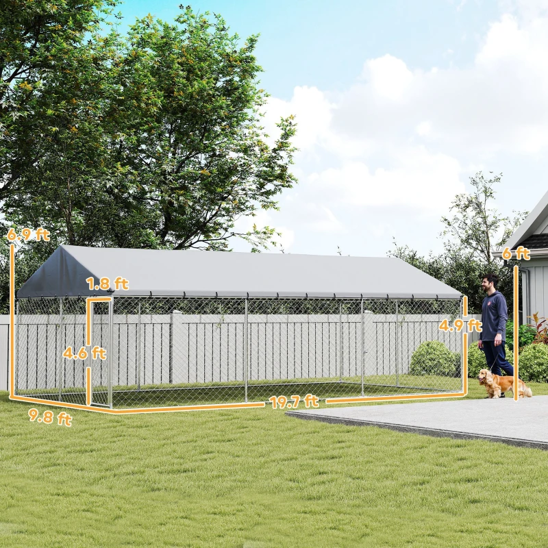 PawHut Heavy Duty Outdoor Dog Kennel with Waterproof Roof, 2 Secure Latches, Chain Link Dog Run for Backyard, 20' x 10' x 7'