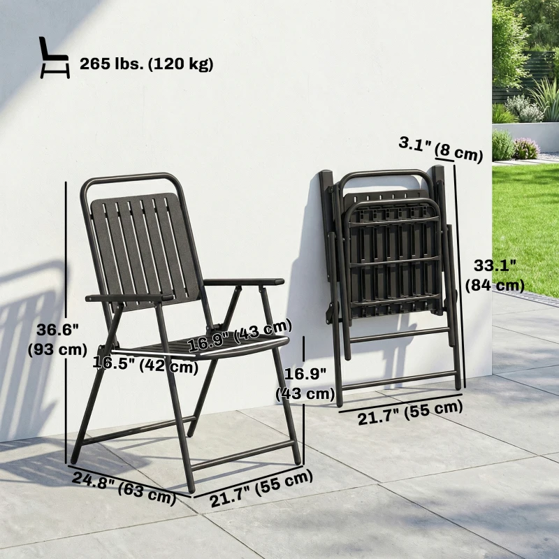 Outsunny Folding Garden Chairs, Garden Dining Chairs with Plastic Slatted Seat Back, Armrests, Steel Frame, Set of 4, Black