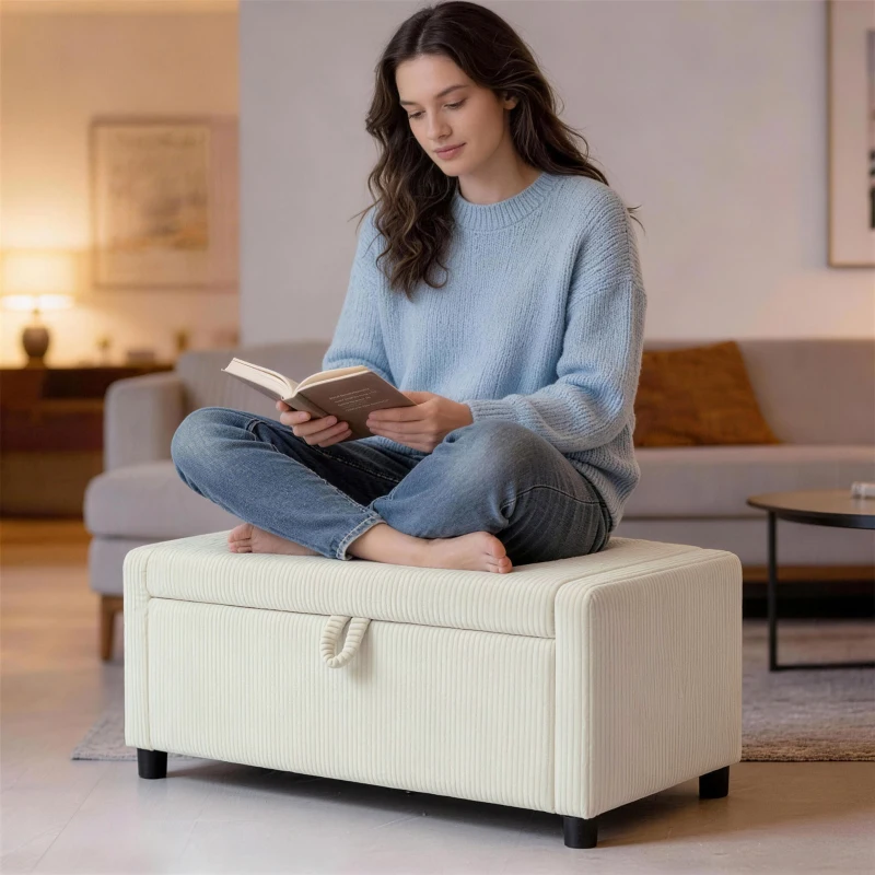 HOMCOM Storage Ottoman, Upholstered Corduroy End of Bed Bench with Thick Padding, Storage Bench for Bedroom, Beige