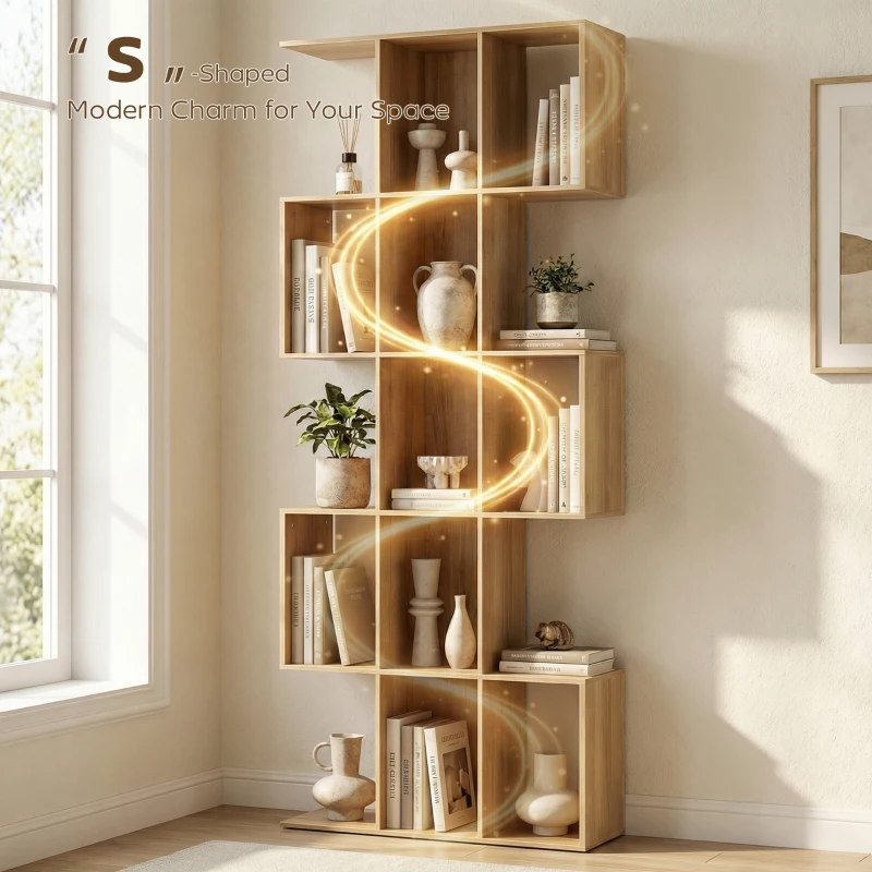 HOMCOM 5-Tier Bookshelf, S Shaped Geometric Bookcase with 15 Compartments, Oak