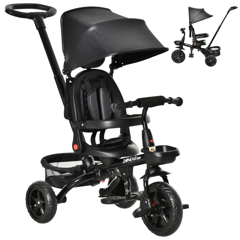 Qaba Tricycle for Toddler 4 in 1 Kids Trike with Reversible Adjustable Seat, Baby Push Bike with Removable Handle, Curved Canopy, Belt Storage Brake Clutch for 1-5 Years, Black