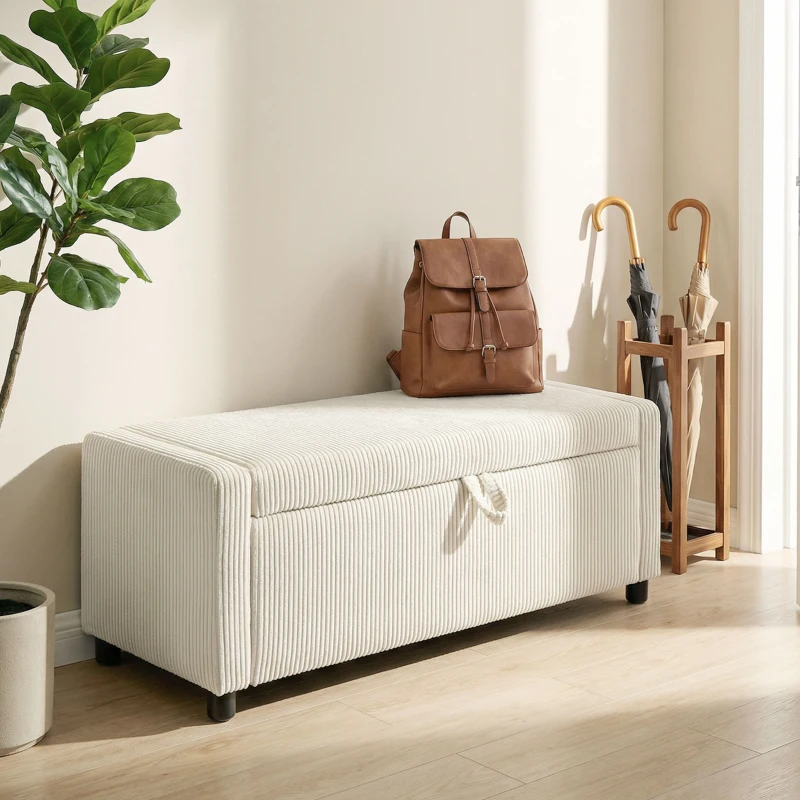 HOMCOM Storage Ottoman, Upholstered Corduroy End of Bed Bench with Thick Padding, Storage Bench for Bedroom, Beige