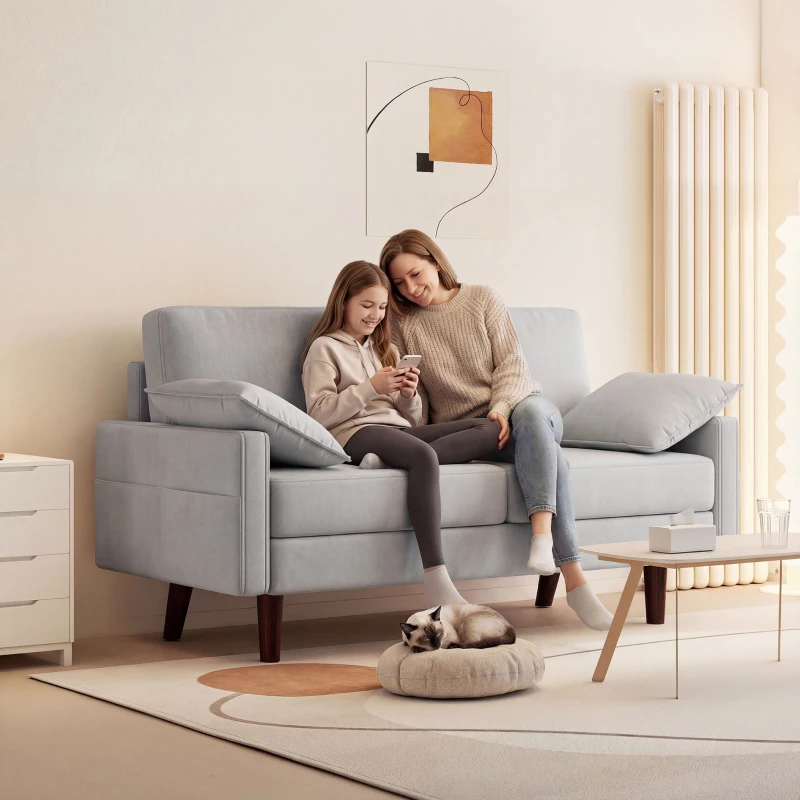 HOMCOM 3 Seater Sofa, Velvet Upholstered Couch with Spring Cushions, Rubber Wood Legs and 2 Pillows, Grey