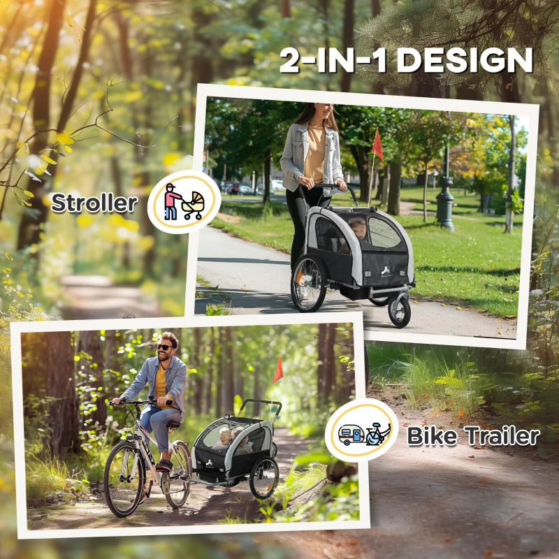 Aosom 2-in-1 Bike Trailer for Kids, Foldable 2-Seat Baby Stroller with 5-Point Harness, Rubber Wheels, Storage Bag, Black