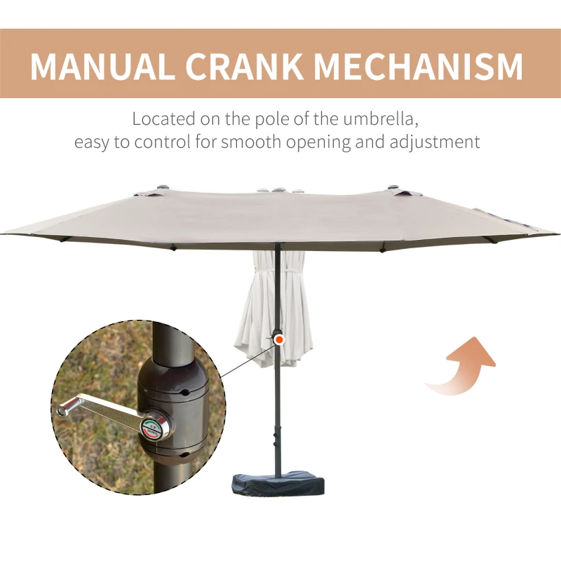 Outsunny 15' Outdoor Patio Umbrella with Twin Canopy Sunshade Steel Table Umbrella w/ Lift Crank, Cross base, Sandbag, Light Grey
