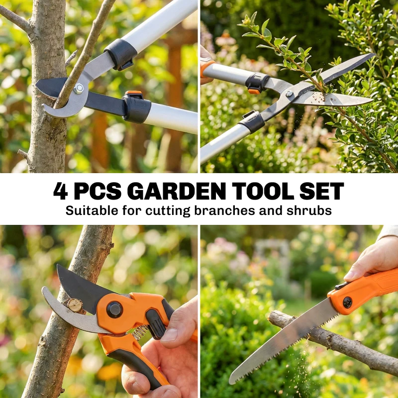 Outsunny 4 Pcs Pruning Shears Set with Hedge Shears, Loppers, Garden Secateurs and Folding Hand Saw with Aluminum Handle