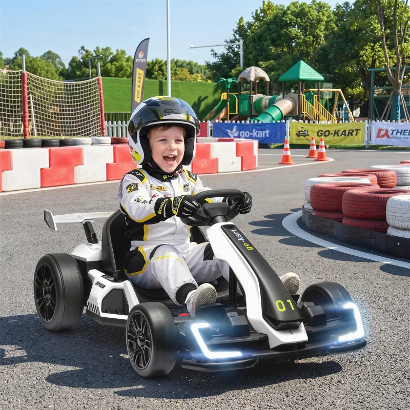 Aosom 24V Electric Go Kart, Battery Powered Kids Drift Kart with Adjustable Seat, Seat Belt, Horn, Music, Light, White