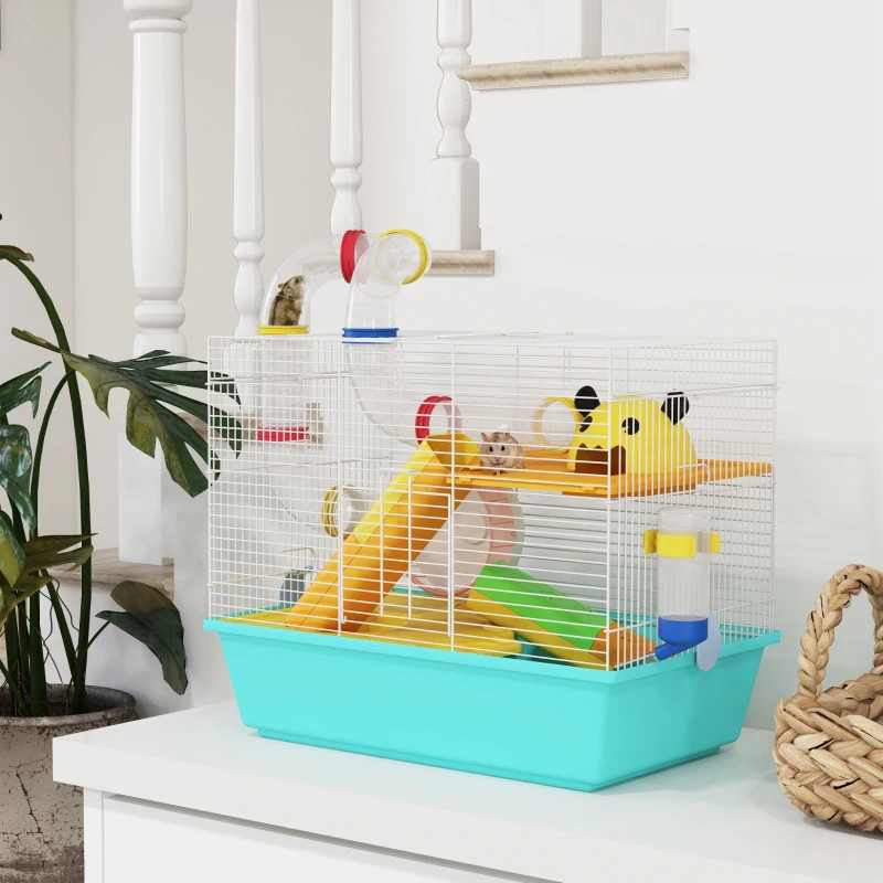PawHut 3 Tiers Hamster Cage for Gerbil, Dwarf Hamster with Tunnels, Water Bottle, Exercise Wheel, 18" x 11" x 15" - Light Blue