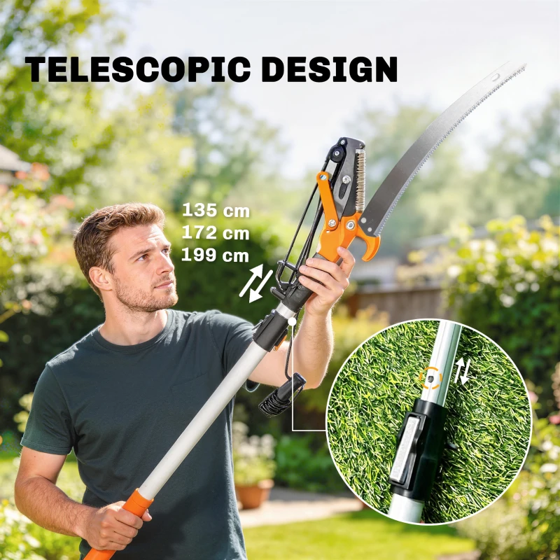 Outsunny 2-In-1 Manual Pole Saw, Hand Pruning Saw, Secateurs with Safety Lock, 6.5ft Aluminium Telescopic Pole Pruner
