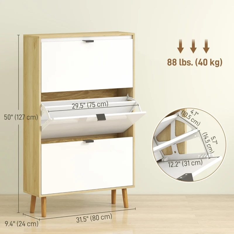 HOMCOM Narrow Shoe Cabinet, High Gloss Shoe Storage Cabinet with 3 Flip Drawers and Adjustable Shelves, Holds 24 Pairs, White