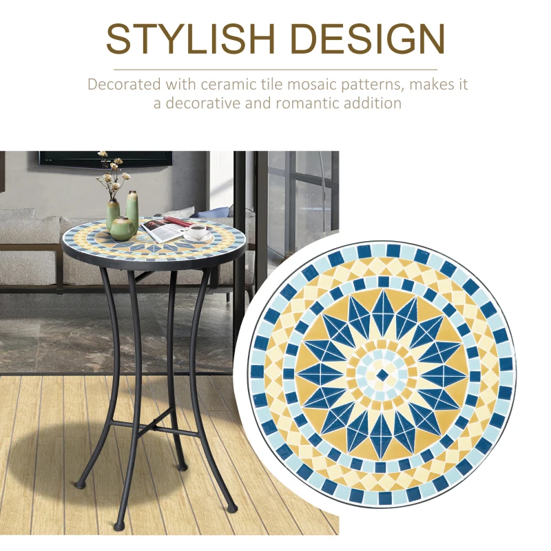 Outsunny Mosaic Patio Table, Round Coffee Table with Metal Frame, Garden Furniture for Outdoor, Poolside, Yellow
