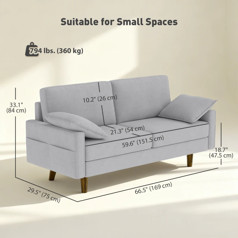 HOMCOM 3 Seater Sofa, Velvet Upholstered Couch with Spring Cushions, Rubber Wood Legs and 2 Pillows, Grey
