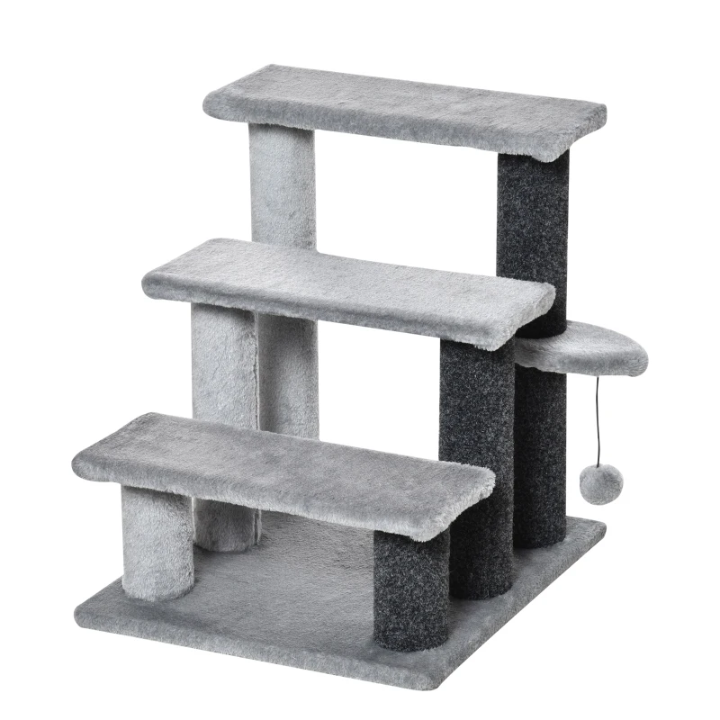 PawHut Cat Stairs for Bed, Couch 3 Steps, Small Cat Tree for Indoor Cats with Scratching Posts Toy Ball, 17.5" x 15.5" x 19"
