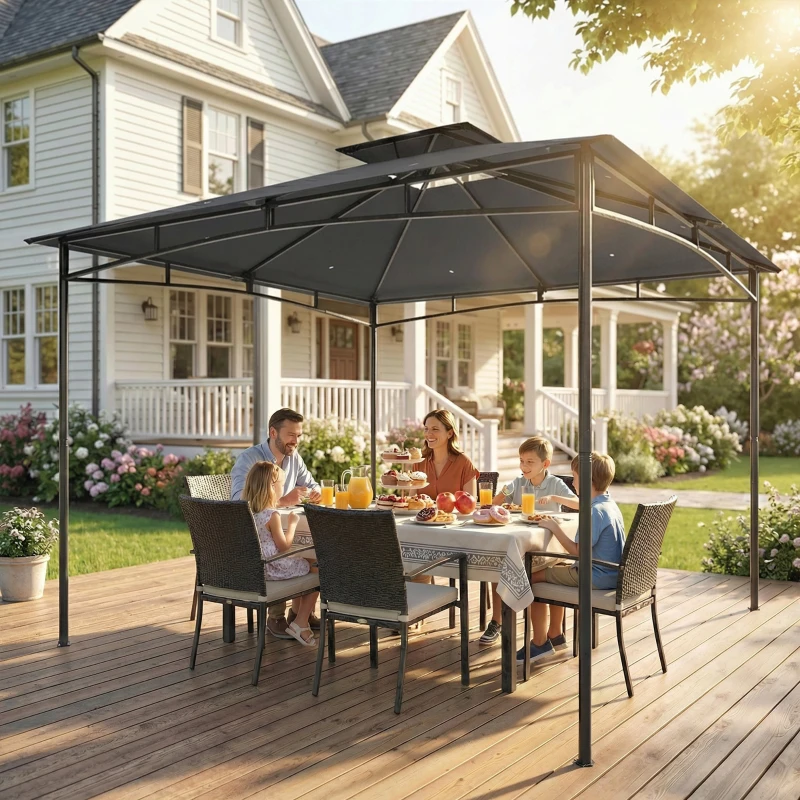 Outsunny 10' x 10' Gazebo, Soft Top Outdoor Gazebo with 2-Tier Roof, Metal Frame, Dark Grey