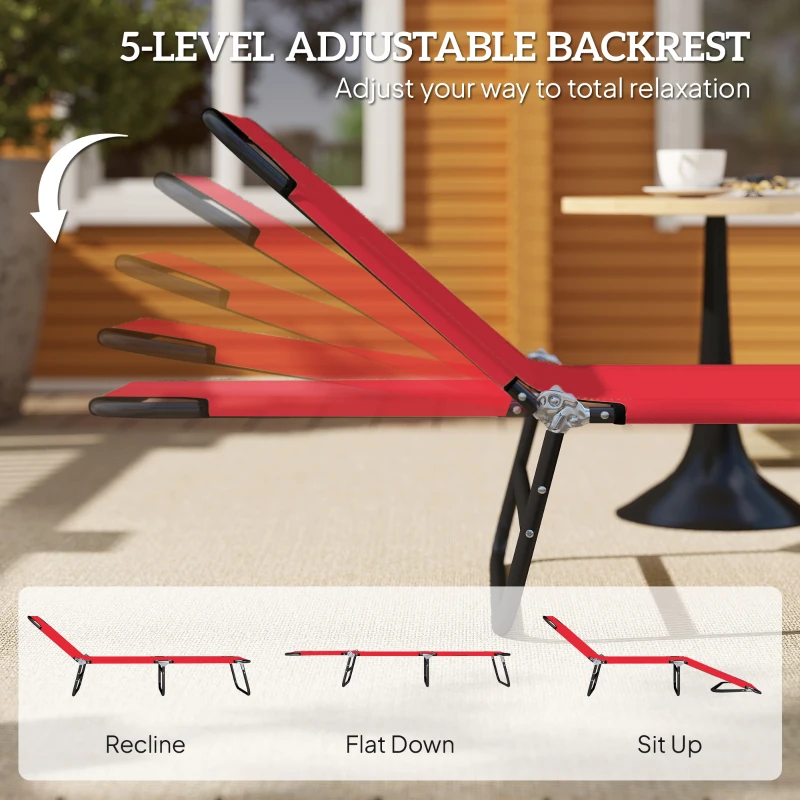 Outsunny Folding Chaise Lounge Pool Chairs, Outdoor Sun Tanning Chairs with 5-Level Reclining Back, Steel Frame for Beach, Yard, Patio, Red