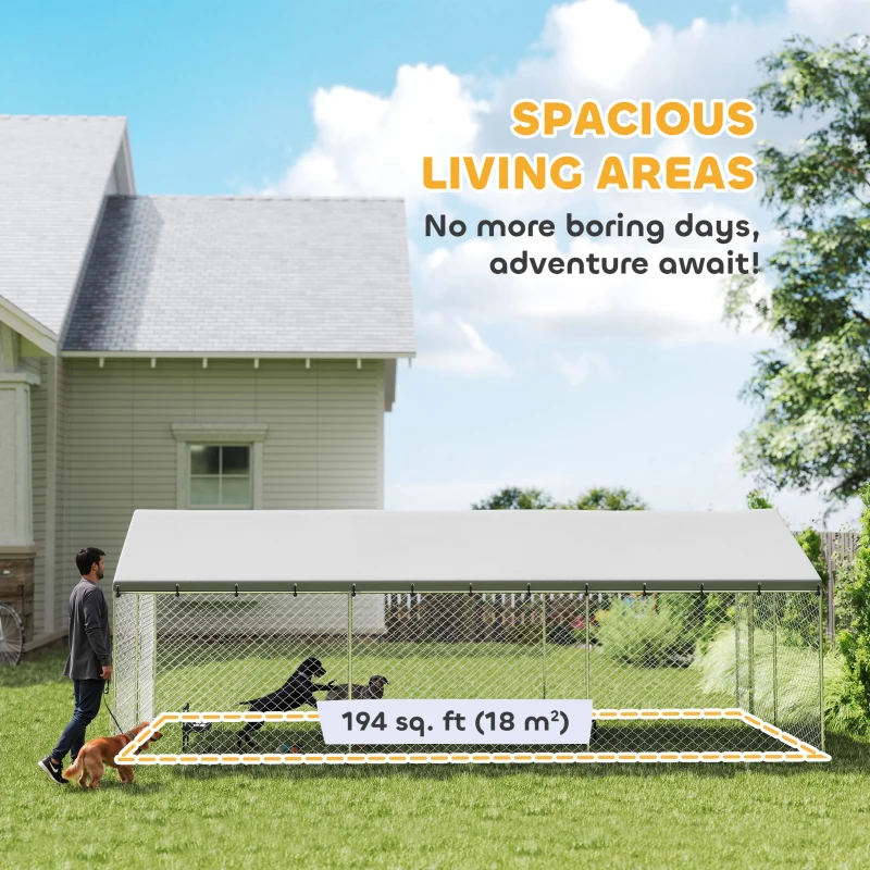 PawHut Heavy Duty Outdoor Dog Kennel with Waterproof Roof, 2 Secure Latches, Chain Link Dog Run for Backyard, 20' x 10' x 7'