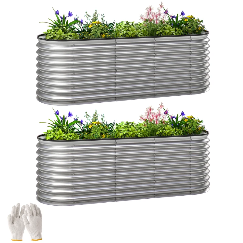 Outsunny 2Pcs Galvanized Raised Garden Bed, 6 x 2 x 2 ft Modular Metal Garden Beds with Rubber Strip Edging, Silver