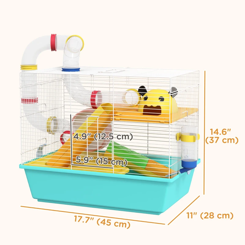 PawHut 3 Tiers Hamster Cage for Gerbil, Dwarf Hamster with Tunnels, Water Bottle, Exercise Wheel, 18" x 11" x 15" - Light Blue