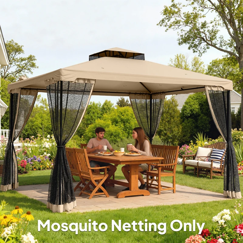 Outsunny Replacement Mosquito Netting for Gazebo 10' x 12' Black Screen Walls for Canopy with Zippers, Beige