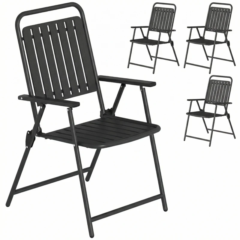 Outsunny Folding Garden Chairs, Garden Dining Chairs with Plastic Slatted Seat Back, Armrests, Steel Frame, Set of 4, Black