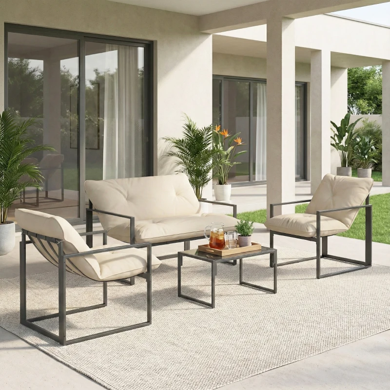 Outsunny 4 Piece Outdoor Furniture Set, Patio Conversation Set with Tempered Glass Table, Loveseat, 2 Chairs and Cushions, Beige