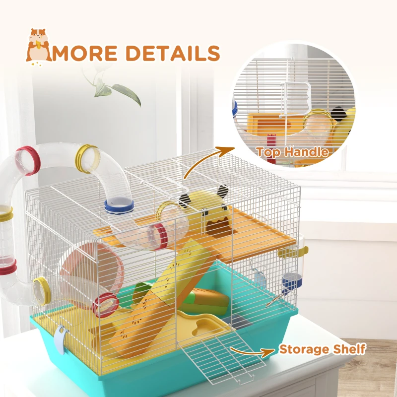 PawHut 3 Tiers Hamster Cage for Gerbil, Dwarf Hamster with Tunnels, Water Bottle, Exercise Wheel, 18" x 11" x 15" - Light Blue