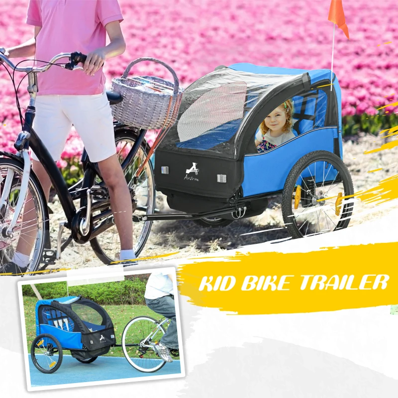Aosom 2 Seat Bike Trailer for Kids, Baby Stroller with Storage Bag, 5 Point Harness, Bicycle Trailer with 20" Wheels, Blue