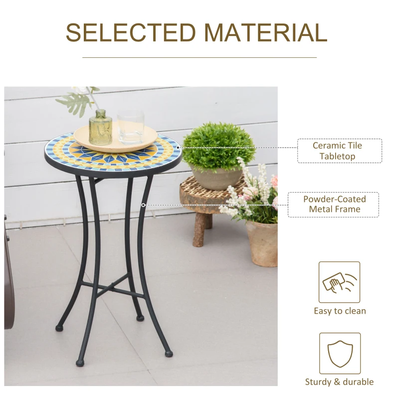 Outsunny Mosaic Patio Table, Round Coffee Table with Metal Frame, Garden Furniture for Outdoor, Poolside, Yellow